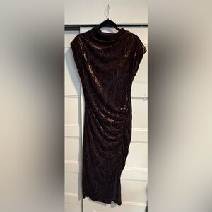 Elegant Brown Velvet Burnout Midi Dress